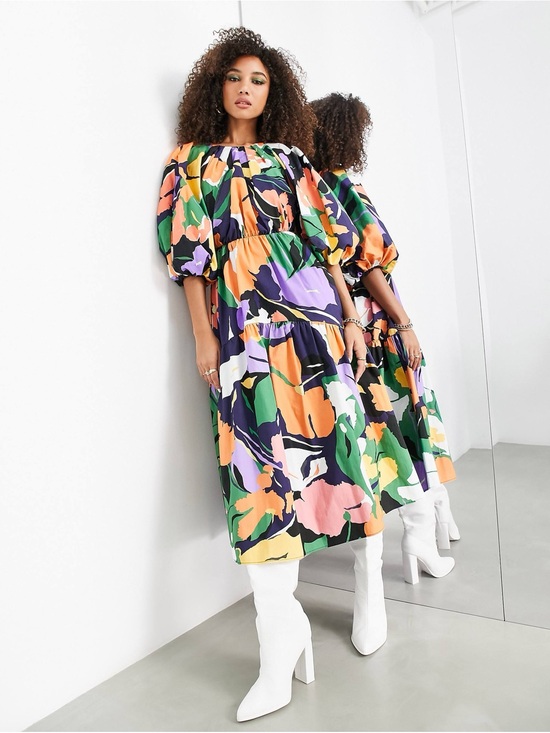 ASOS Dresses & Skirts - ASOS EDITION Abstract Print Puff Sleeve Midi Dress Sz. 2 NWT